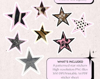 Pegatinas de estrellas estampadas / Estampado de leopardo, cebra y vaca, planificador Y2K (Descarga digital)