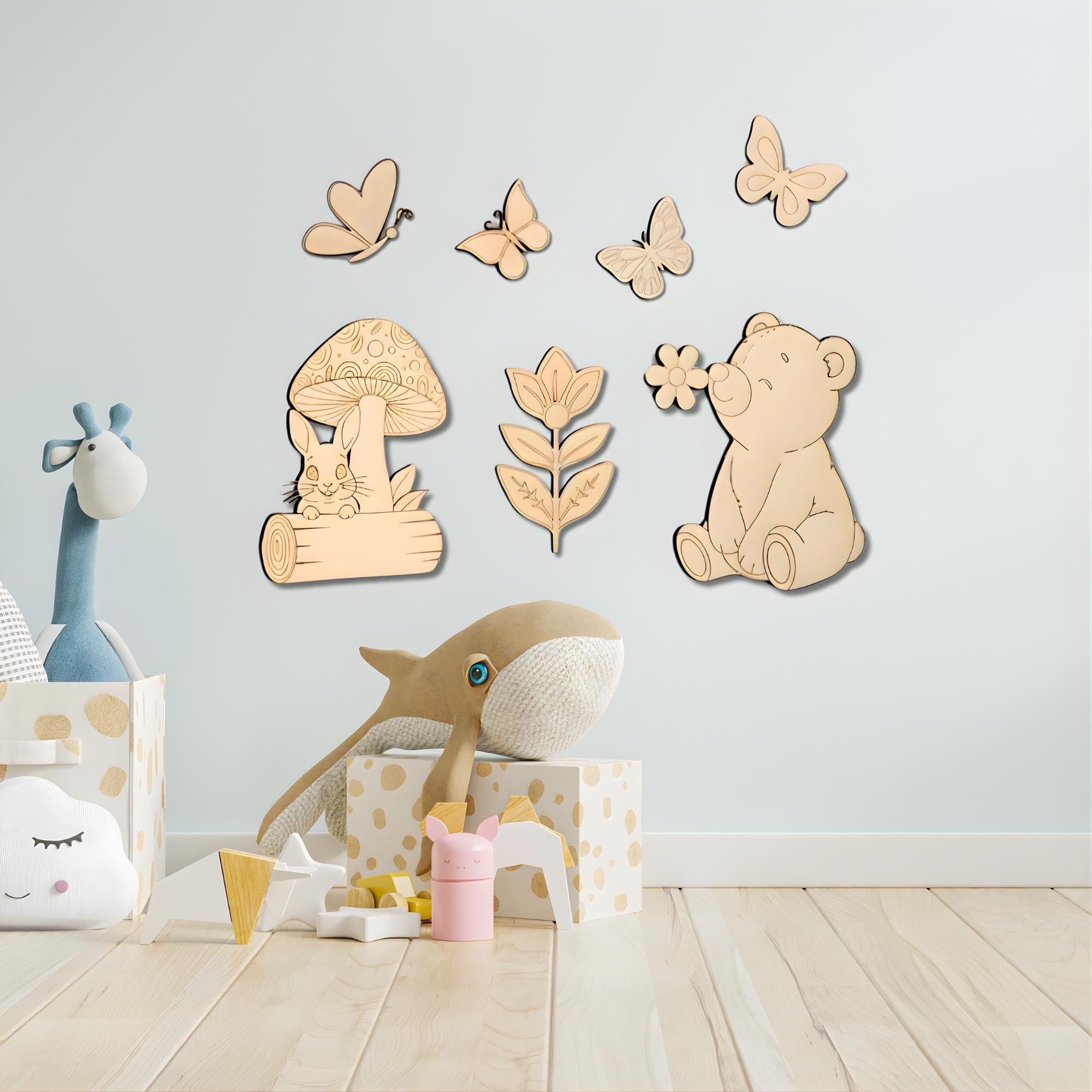 Woodland Scene Set Nursery Decor, Wooden Forest Animals Figurine, Baby ...