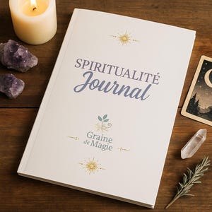 Peut inclure: Un journal blanc avec les mots "SPIRITUALITÉ Journal" en écriture bleue. Le journal a des accents dorés de soleil et de feuilles. Une bougie allumée, des cristaux d'améthyste et une carte de tarot sont sur une surface en bois.