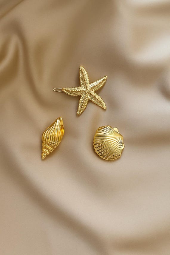 Gold Starfish & Shell Hair Clip Set 5 Pack Gold Seashell Hair Clip Set Metal Conch Starfish  main image 2