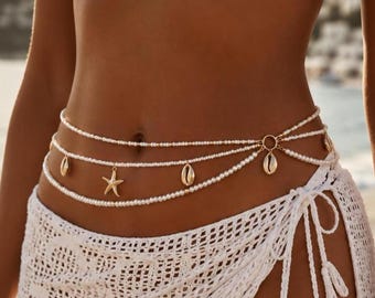 Pearl Starfish Waist Chain – Beach Body Jewelry, Coastal Belly Chain, Gold Shell Beads