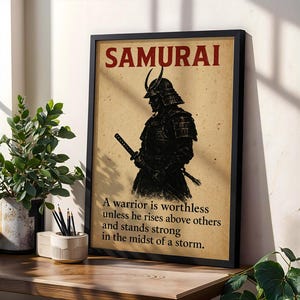 Samurai Digital Download Print, japanische Wandkunst, Zitat Wandkunst, japanischer Krieger mit Zitat, digitale Kunst, erschwingliche Poster