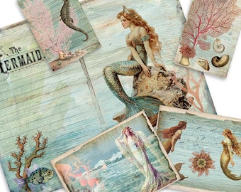 Può includere: Una collezione di efemeridi in stile vintage a tema sirena. L'immagine include etichette con cavallucci marini, coralli e conchiglie, insieme a illustrazioni di sirene. La tavolozza dei colori presenta tenui blu, verdi e rosa, evocando un tema nautico.