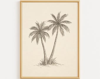 Minimal Palm Tree Line Art Print, Coastal Wall Art, Tropical Beach Printable, Neutral Boho Decor, Digital Download, Modern Sketch