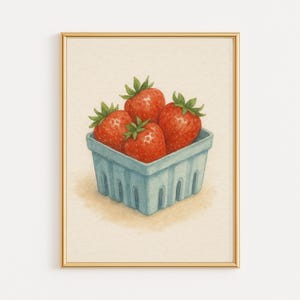 Strawberry Watercolor Print | Kitchen Wall Art | Berry Basket Wall Decor | Summer Fruit Aesthetic