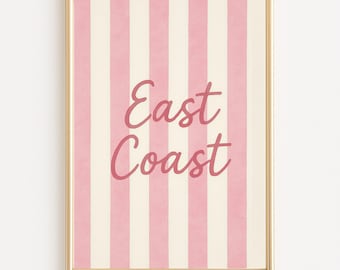 East Coast Wall Art Printable, Coastal Stripe Print, Nautical Beach House Decor, Pastel Coastal Quote, Digital Download Typography
