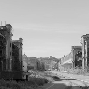 Black and White Urban Decay Photography Print | Abandoned Architecture Wall Art | Printable Industrial Cityscape | Digital Download