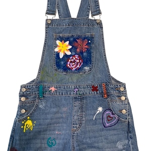 Hand Painted Denim Overall Shorts – One of a Kind Wearable Art – Colorful Flowers and Hearts Design
