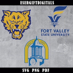 May include: A digital graphic featuring multiple logos and text elements. The logos include a roaring tiger head, a stylized 'V' with '1895', and a bell tower design. Text includes 'FORT VALLEY STATE UNIVERSITY' and 'SVG PNG PDF'.