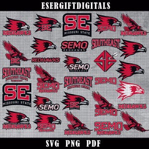 May include: A digital graphic featuring multiple red and black Redhawks logos and mascots. The logos include the text "SEMO Redhawks", "Southeast Missouri State", and "SE Missouri State". The image also includes the text "SVG PNG PDF".