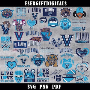 Può includere: Una collezione di design digitali a tema Villanova Wildcats in blu e bianco. Include loghi, testo e illustrazioni della mascotte della squadra, un gatto selvatico. Il testo include "Wildcats", "Villanova" e "Live Love Wildcats".