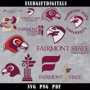 Op de afbeelding: Een verzameling Fairmont State University logo's en afbeeldingen in bordeauxrood, rood en goud. De ontwerpen omvatten gestileerde havikenkoppen, de universiteitsnaam en andere emblemen. De tekst "SVG PNG PDF" is ook aanwezig.