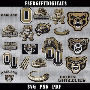 Puede incluir: Una colección de gráficos digitales con logotipos y mascotas de los Golden Grizzlies de la Universidad de Oakland. Los diseños incluyen cabezas de oso, la letra "O" y la palabra "Grizzlies" en varios estilos, en negro, dorado y blanco.
