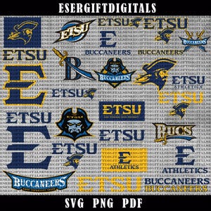 Puede incluir: Un patrón repetitivo de logotipos y texto relacionados con los equipos deportivos de los Buccaneers de la Universidad Estatal de East Tennessee (ETSU). El diseño incluye la palabra "ETSU", el nombre del equipo "Buccaneers" y gráficos temáticos de piratas en azul, dorado y blanco.