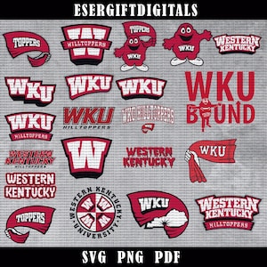 May include: A collection of red and white Western Kentucky University (WKU) Hilltoppers logos and graphics. Includes text like "TOPPERS", "WKU", and "WESTERN KENTUCKY". Formats available: SVG, PNG, and PDF.