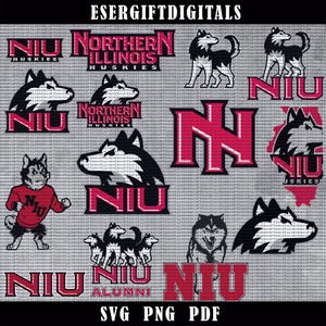 Puede incluir: Una colección de gráficos digitales con el logotipo y la mascota de los Huskies de la Universidad del Norte de Illinois. Los diseños incluyen las letras "NIU", la palabra "Huskies" e ilustraciones de perros husky. La combinación de colores es rojo, negro y blanco.