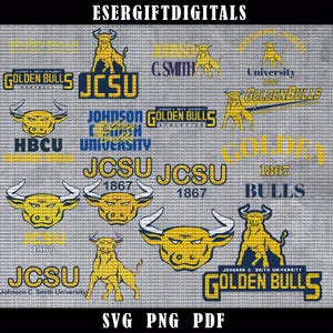 May include: A digital design featuring multiple logos and text elements related to Johnson C. Smith University. The designs include the words "Golden Bulls," "JCSU," and "1867," along with bull illustrations in yellow and blue. The file formats are SVG, PNG, and PDF.