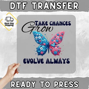 Whimsical Floral Butterfly DTF Transfer Iron-On for Motivational Personal Growth Shirts  Apparel - Vibrant  Durable Design