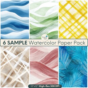 May include: A pack of six watercolor paper samples, each with a unique design. The designs include blue waves, green leaves, yellow plaid, beige lines, red waves, and blue palm leaves. The text reads "6 SAMPLE Watercolor Paper Pack" and "12"x12" High-Res 300 DPI".