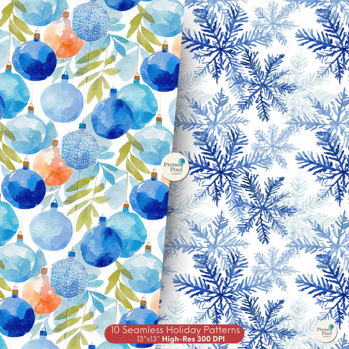Coastal Christmas Digital Paper, Blue & Green Watercolor Holiday ...