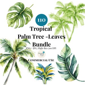 Pacote de clipart de palmeira em aquarela, 110 folhas tropicais, árvores PNG JPEG, alta resolução 300 DPI para Cricut, planejadores, impressão sob demanda, Canva