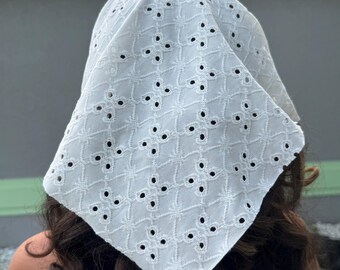White Eyelet Lace Head Scarf | Cottagecore Kerchief | Embroidered Cotton Hair Scarf | Vintage Inspired Head Covering | Coquette Headwrap