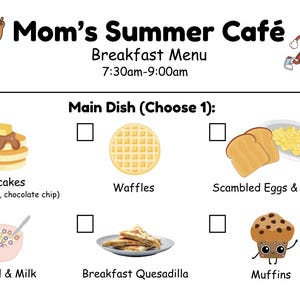 Menu do zabawy w udawanie w kawiarni Mom’s Summer Café | Wydrukowane menu dla dzieci z cotygodniowymi specjałami | Dramatic Play Kitchen | Letnia rutyna | PDF