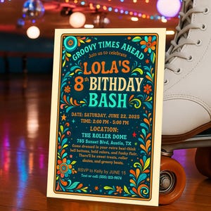 70er Jahre Rollschuh Geburtstagseinladung | Groovy Retro Party einladen | Bearbeitbare Canva Vorlage | Digitaler Download für Kindergeburtstag