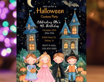 May include: A Halloween costume party invitation featuring a dark night sky with a crescent moon, stars, and a bat. Two blue stone towers stand behind four children in costumes: a pumpkin holder, a princess, a vampire, and a cowboy. Text includes details for Ella's 9th birthday on October 25th at 2454 Main St, Dallas, TX.