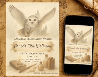 May include: A vintage-style invitation for Grace's 10th birthday, featuring a watercolor illustration of a snowy owl with outstretched wings. The invitation includes the date, time, and location, along with the text "A Magical Celebration Awaits."