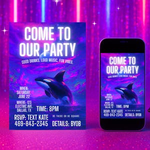 Modelo de convite para festa de baleia orca neon | Download digital editável 5x7, aniversário psicodélico neon ou festa BYOB | Download instantâneo, festa neon