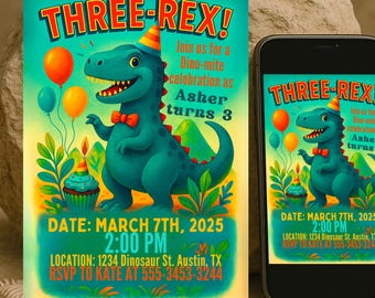 Three-Rex Dinosaur 3rd Birthday Invitation: Editable T-Rex Party, Editable Canva, (Digital Download)