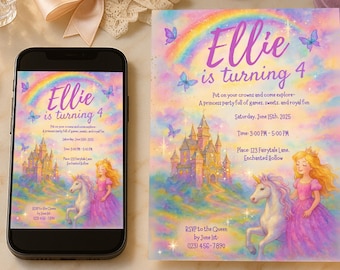 May include: A birthday invitation with the text "Ellie is turning 4" featuring a rainbow, castle, and unicorn illustration. The invitation includes party details and is displayed on a smartphone and a printed card.