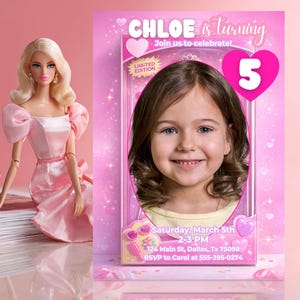 Pink Fashion Doll Birthday Invitation, Barbie Doll Box Girl Party Invite, Editable 5x7 Printable, Custom Photo Template, Phone Evite
