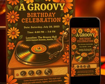 Groovy 70s Birthday Invitation: Retro Floral Canva Template (Digital Download)