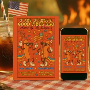 Invitation à la fête du 4 juillet modifiable | Invitation BBQ Stars Stripes & Good Vibes | Modèle été rétro hot-dog | Groovy imprimable Etats-Unis