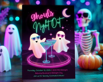 Könnte beinhalten: Eine rechteckige Einladung mit dem Neon-Schriftzug Ghouls Night Out, zwei Geistern mit Sonnenbrillen und zwei Martinigläsern. Unten stehen die Veranstaltungsdetails: Thursday, October 31, 2025, 8:00 PM-Midnight, Batwing Boulevard, Midnight, City.