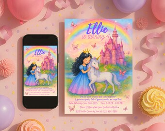 May include: A birthday party invitation featuring a princess and unicorn illustration. The invitation reads "Ellie is turning 4" with event details. The design includes a rainbow, castle, and butterflies, with a smartphone displaying the same image.