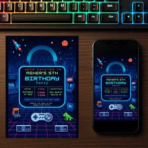 Geburtstagseinladung zu Videospielen - Bearbeitbare Canva Vorlage (12x18cm und 10x15cm) - Arcade Party für Kinder - Sofortdownload