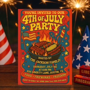 Invitation au barbecue modifiable du 4 juillet • Invitation à une fête rétro pour le jour de l'indépendance • Modèle imprimable d'été patriotique • Téléchargement immédiat