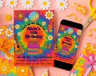 May include: A colorful invitation and phone display for an 8th birthday party. The design features a tie-dye background with a guitar, cake, and disco ball. The text reads "Turn up the vibes for Olivia's 8th Birthday."
