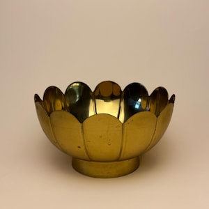 Vintage Brass Pedestal Bowl | Scalloped India Metal Dish with Aged Patina