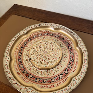 Vintage Hand-Painted Metal Tray | Gold Floral Decorative Plate