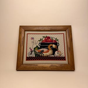Vintage Goose & Apple Basket Needlepoint – Framed Country Farmhouse Cross Stitch Wall Art