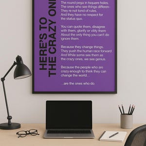 Here’s to the Crazy Ones – Steve Jobs Inspirational Digital Poster - Purple