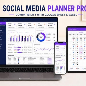 May include: A Social Media Planner Pro digital dashboard displayed on a laptop, a smartphone, and a tablet. The screens show analytics, content performance charts, platform breakdowns, and a June 2025 content calendar with purple accents.