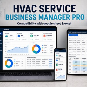 May include: A digital dashboard titled HVAC SERVICE BUSINESS MANAGER PRO with compatibility with google sheet & excel displayed on a laptop, tablet, and smartphone screen, showing data charts, customer metrics, and technician schedules.