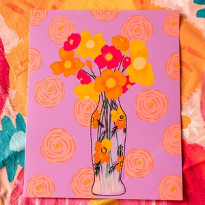 Poppies in poppy vase on lilac + ranunculus background 8x10&quot; print