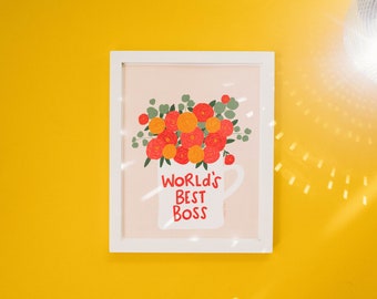 World's Best Boss | 8x10" art print | Flowers in a coffee mug | Colorful Illustration | The Office | Michael Scott