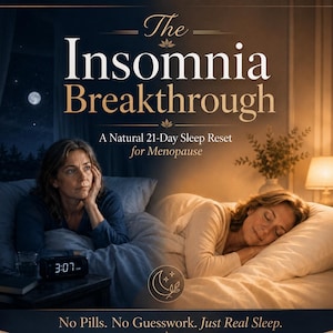May include: An advertisement for "The Insomnia Breakthrough" featuring a woman awake at 3:07 AM and another sleeping peacefully. The text promotes a natural 21-day sleep reset for menopause, with the tagline "No Pills. No Guesswork. Just Real Sleep."